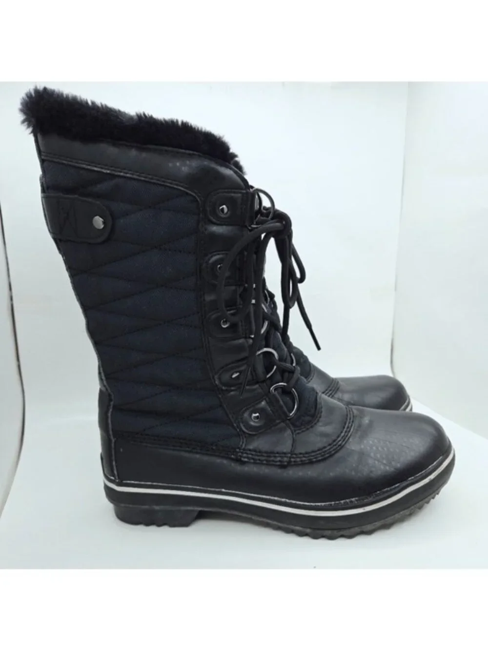 JBU Lorna Black Faux Fur Lined Quilted Lace Up Winter Snow Boots Women's Size 6